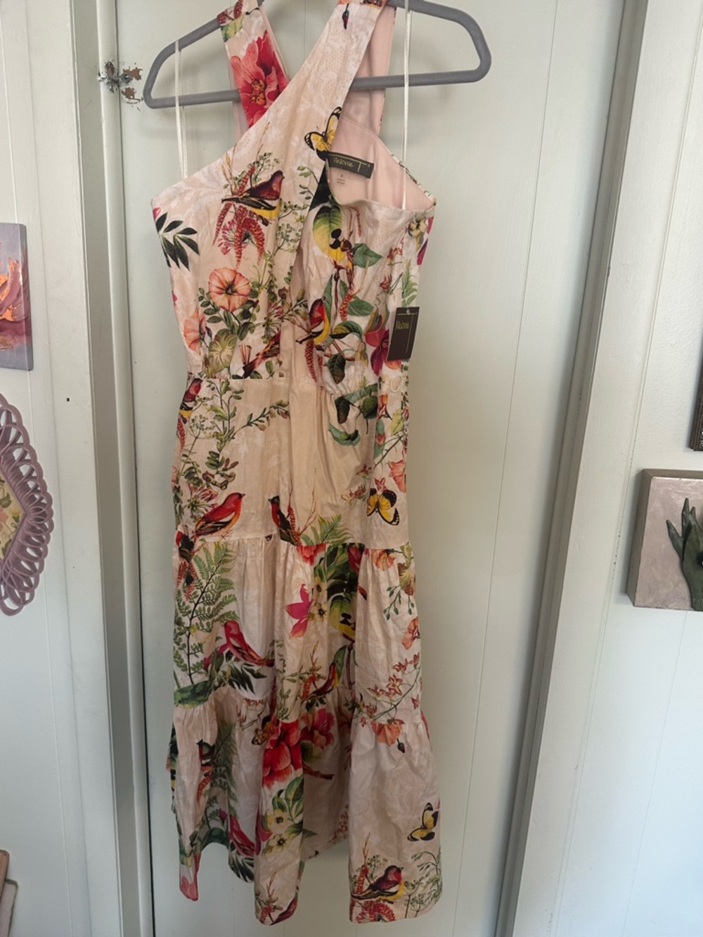 Floral & Bird Print Pink Midi Dress with Cross-Back Straps